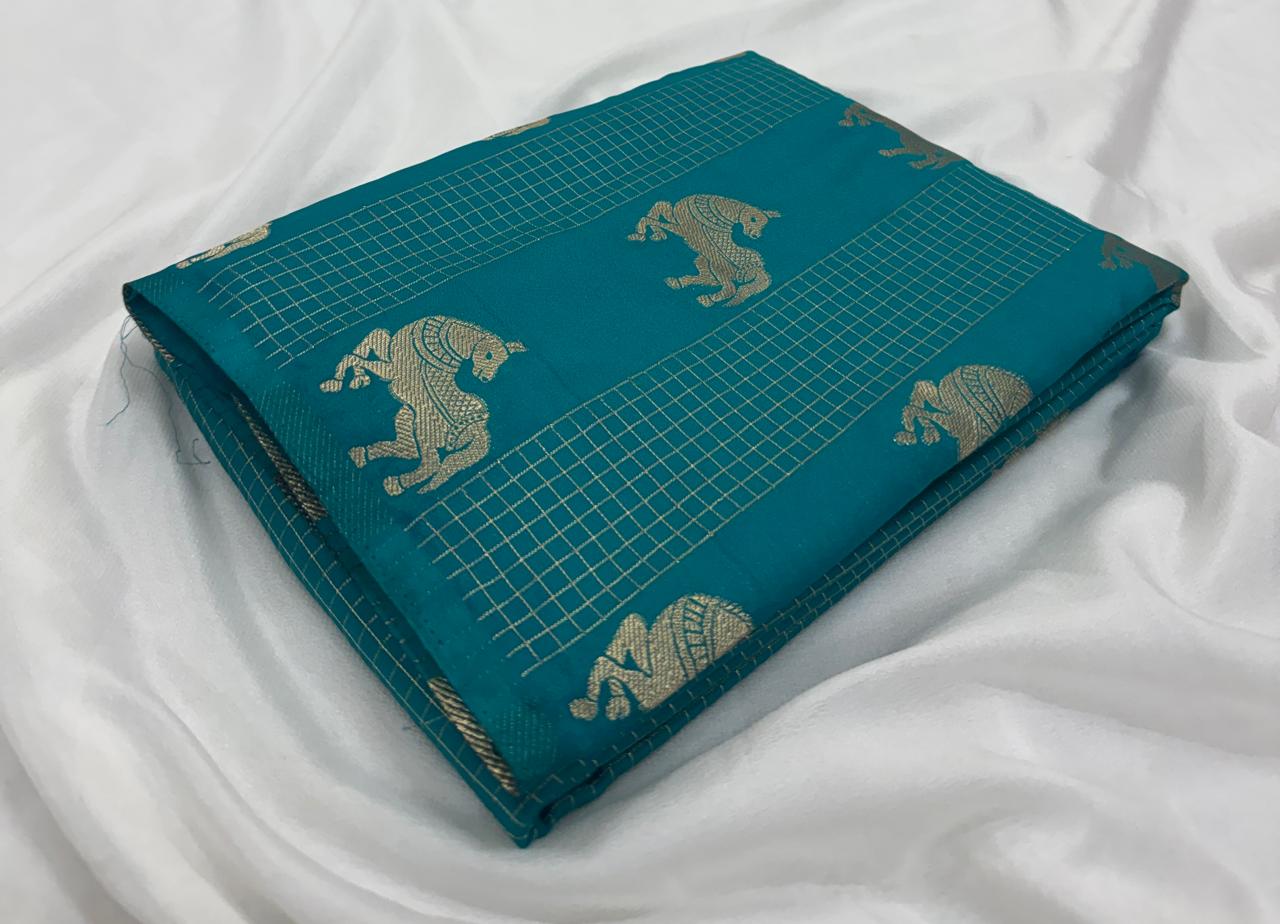Pure Crepe Checks Saree with Satin Border & Deer Weaving Design Silk Saree